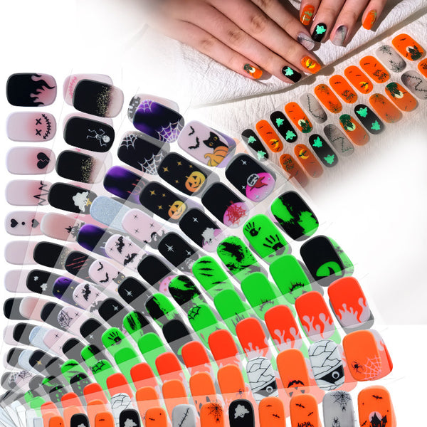 Quinnas Halloween nails, Halloween Semi-Cured Gel Nail Wraps, Halloween Semi Cured Gel Nail Strips【24 PCS, No nail extensions】