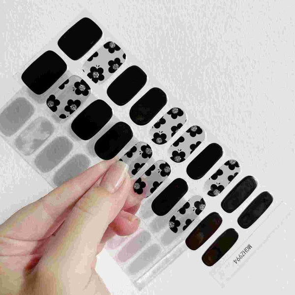 August Nails QUINNAS BLACK FLOWERS Semi-Cured Gel Nail Wraps, Semi Cured Gel Nail Strips【BUY ANY 2 NAIL KITS GET FREE UV LAMP】- MGHZ994