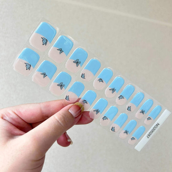 August Nails QUINNAS FRENCH BLUE BUTTERFLY Semi-Cured Gel Nail Wraps, Semi Cured Gel Nail Strips【BUY ANY 2 NAIL KITS GET FREE UV LAMP】- NG200287